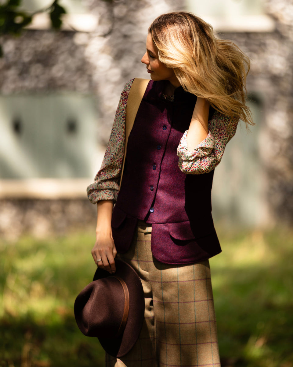 India Women's Tweed Waistcoat -Damson Shetland Tweed